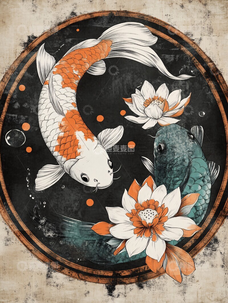 高清大图下载【趣麦麦图】双鲤戏莲鲤鱼莲花线条2