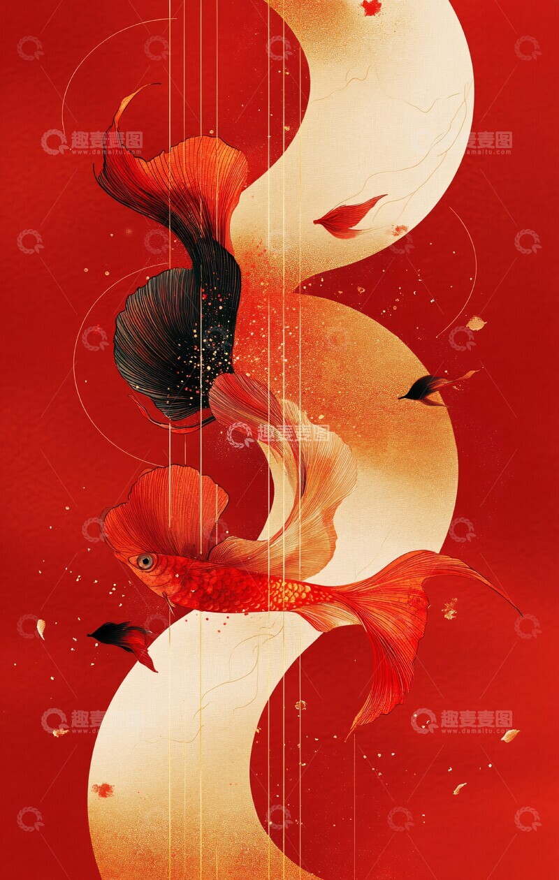 高清大图下载【趣麦麦图】飞鱼曲线春节红色极简3