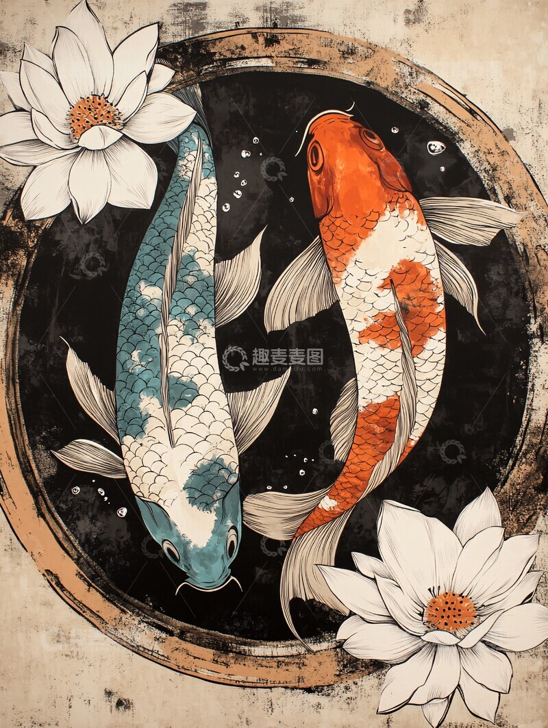 高清大图下载【趣麦麦图】双鲤戏莲鲤鱼莲花线条3