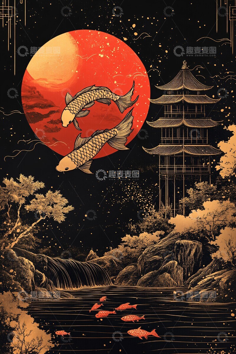 高清大图下载【趣麦麦图】鲤鱼跃龙门红色金色线条3