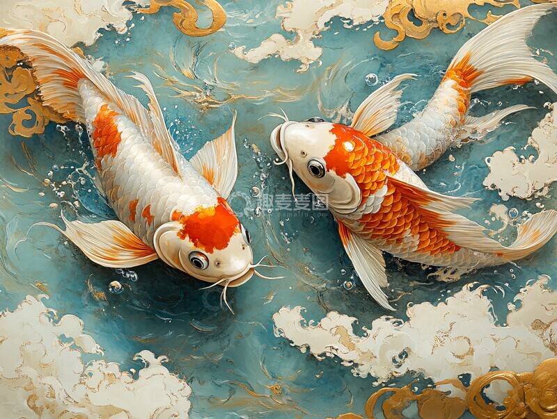 高清大图下载【趣麦麦图】水中有鲤鲤鱼云彩金色3