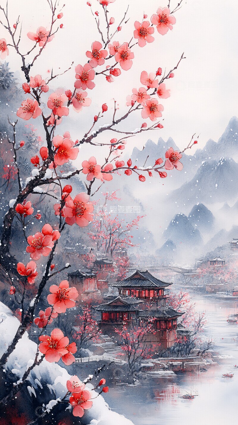 高清大图下载【趣麦麦图】-梅雪相映花影3