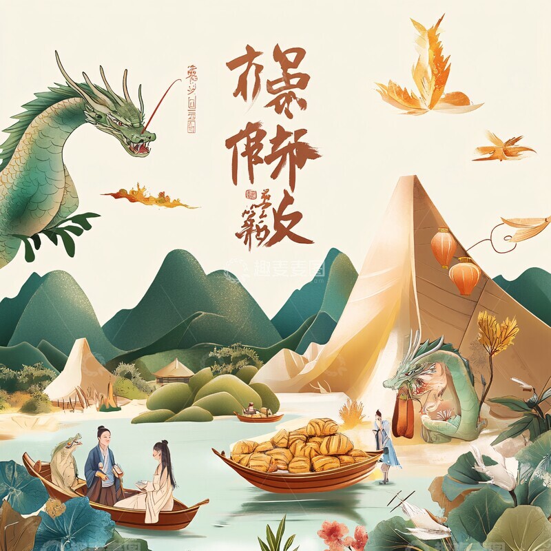 高清大图下载【趣麦麦图】龙舟粽香山水情2