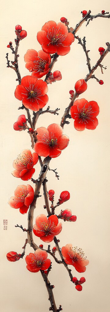 梅花白底红花朵细绘3