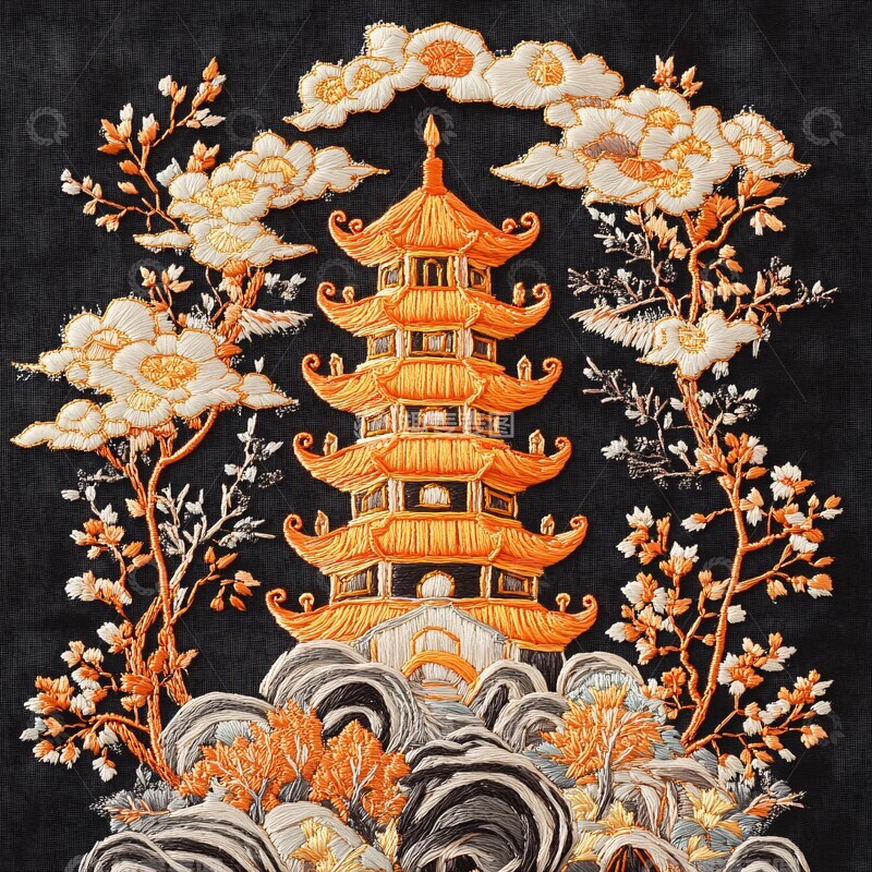 高清大图下载【趣麦麦图】黄鹤楼刺绣作品3