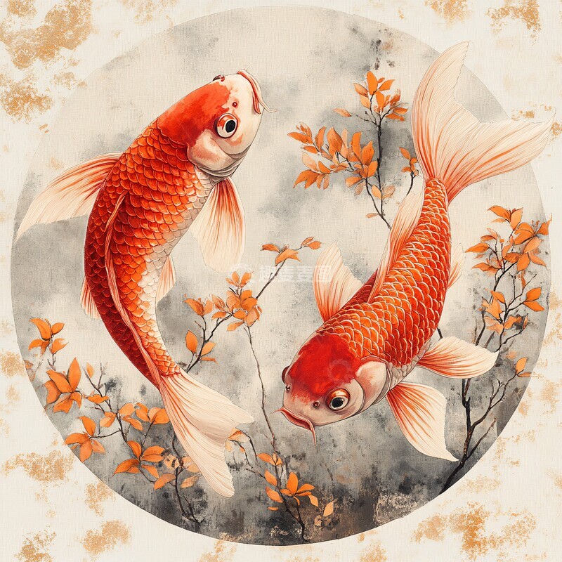 高清大图下载【趣麦麦图】双红鱼圆形绣品2