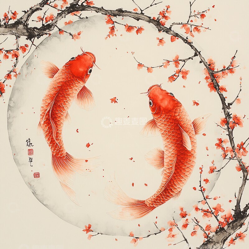 高清大图下载【趣麦麦图】双红鱼圆形绣品3