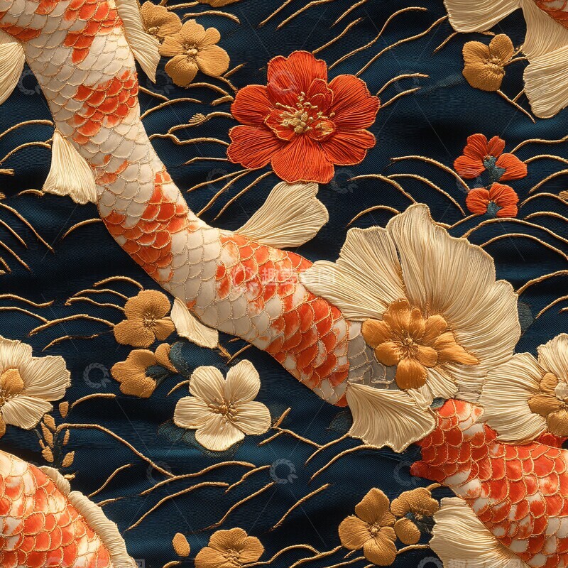 高清大图下载【趣麦麦图】丝绸刺绣锦鲤纹理3