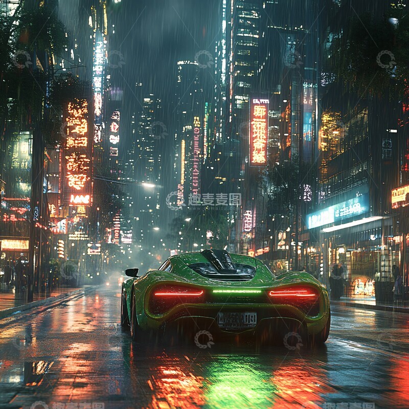 高清大图下载【趣麦麦图】绿色轿车夜行1