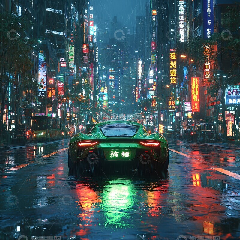 高清大图下载【趣麦麦图】绿色轿车夜行3