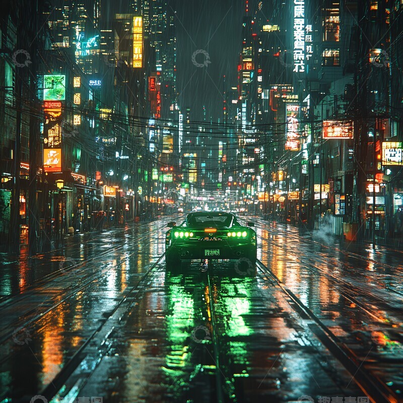 高清大图下载【趣麦麦图】绿色轿车夜行