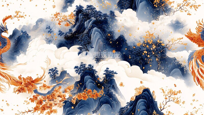 高清大图下载【趣麦麦图】青花瓷凤凰纹样3