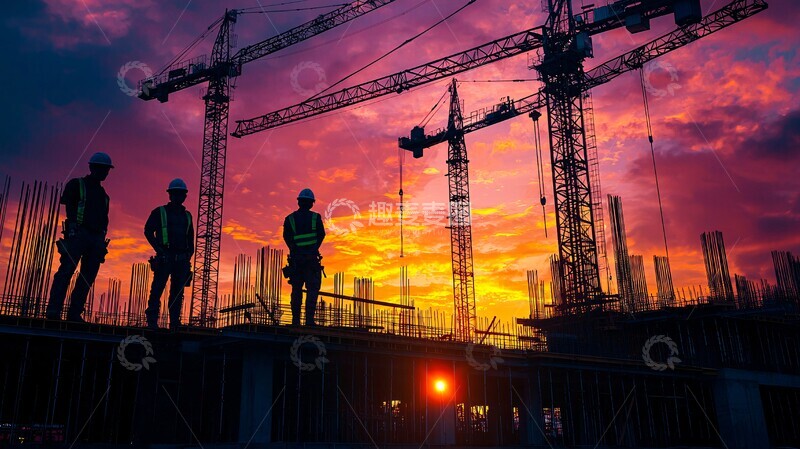 高清大图下载【趣麦麦图】工人建设工地落日1