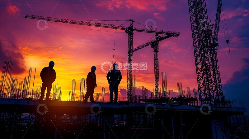 高清大图下载【趣麦麦图】工人建设工地落日2