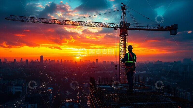 高清大图下载【趣麦麦图】塔吊剪影黄昏施工2