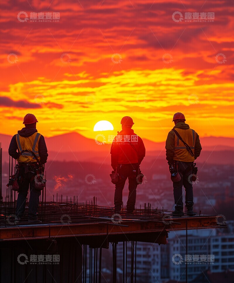高清大图下载【趣麦麦图】工人晨曦施工中2