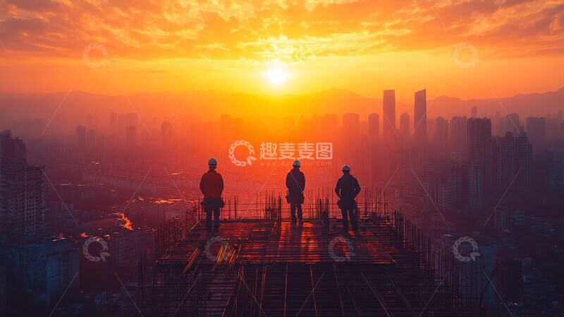 高清大图下载【趣麦麦图】工人晨光中施工1