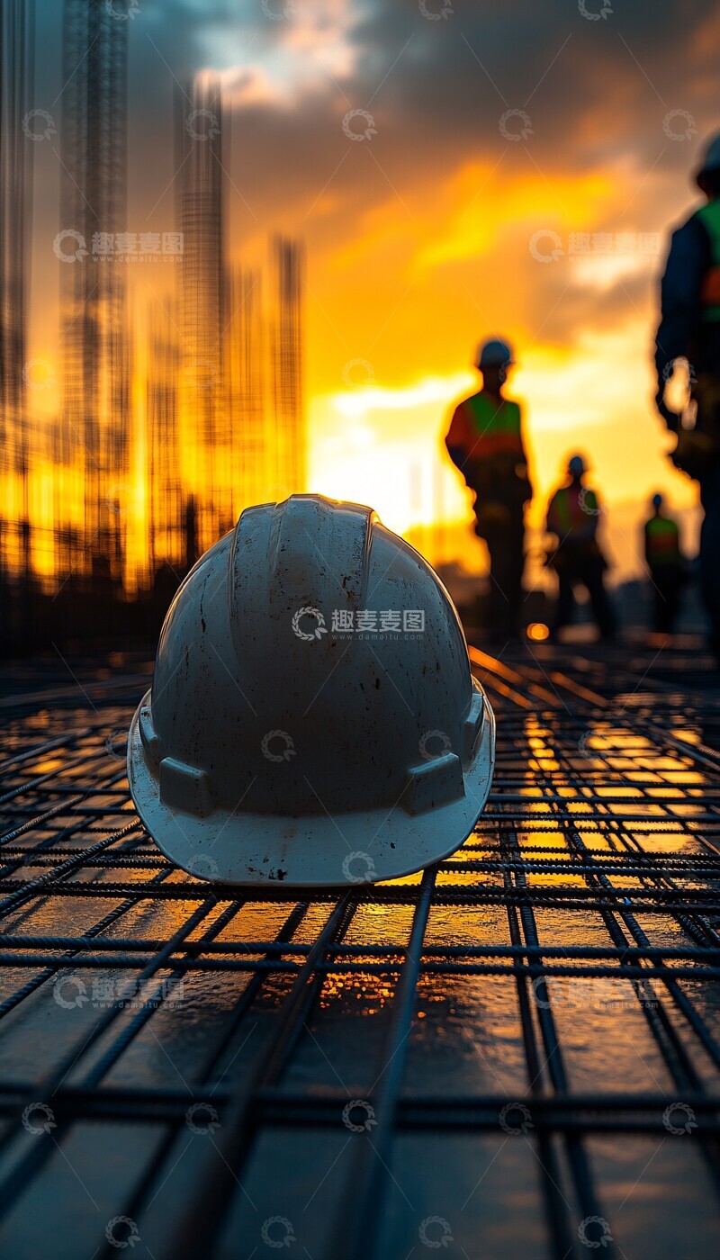 高清大图下载【趣麦麦图】工地铁帽与夕阳2