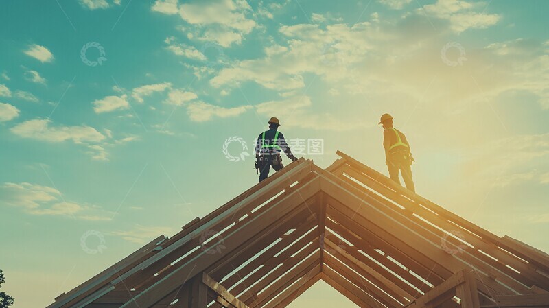高清大图下载【趣麦麦图】工人屋顶搭建木材1