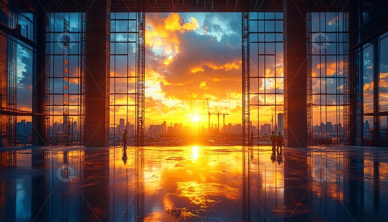 高清大图下载【趣麦麦图】钢梁框架与城市倒影2