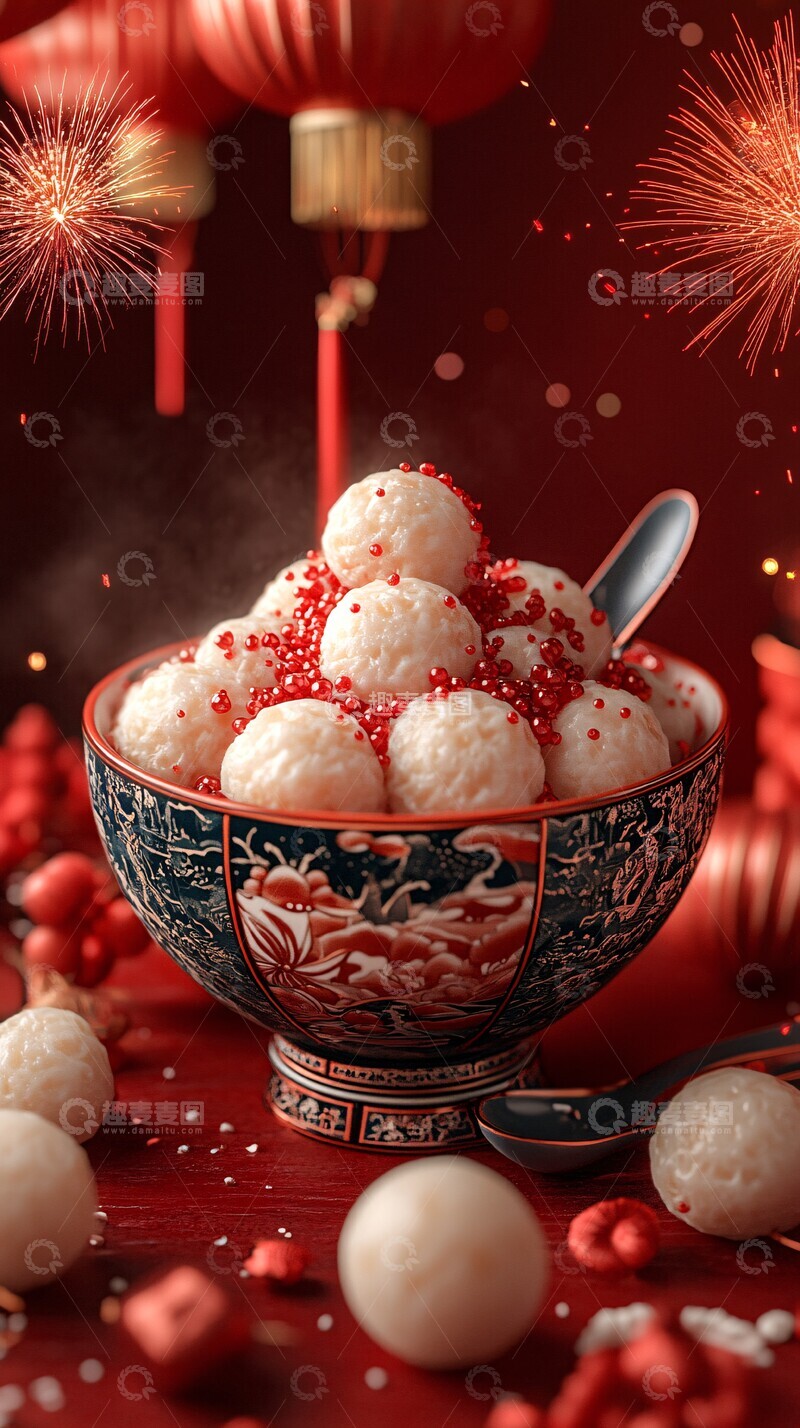 高清大图下载【趣麦麦图】汤圆与勺子欢庆图1