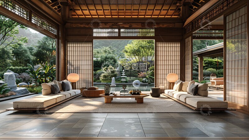 高清大图下载【趣麦麦图】中式木框屋顶客厅2