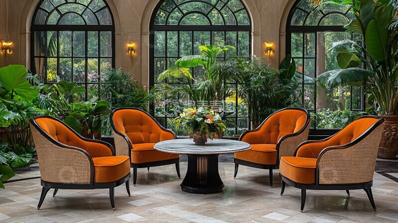 高清大图下载【趣麦麦图】镜面餐桌与藤椅空间1