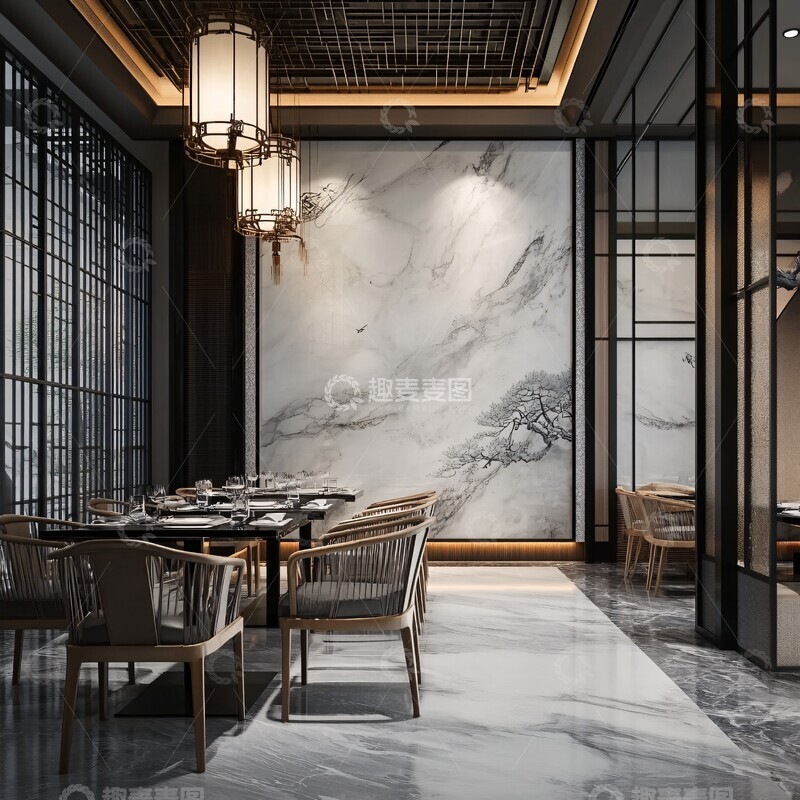 高清大图下载【趣麦麦图】白色大理石中式餐厅2