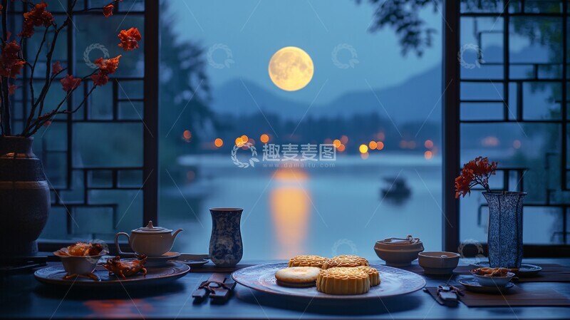 高清大图下载【趣麦麦图】月饼螃蟹古窗夜色1