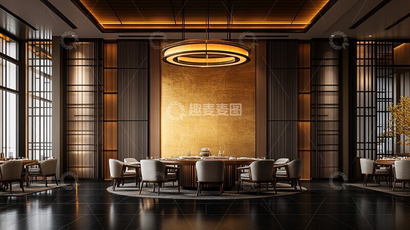 高清大图下载【趣麦麦图】圆形餐厅木桌金灯2
