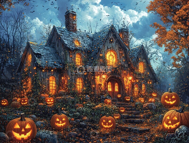 高清大图下载【趣麦麦图】南瓜灯装饰的木屋4