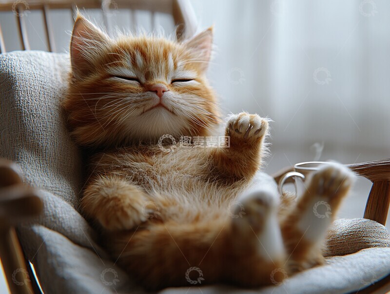 高清大图下载【趣麦麦图】猫在摇椅上喝茶2