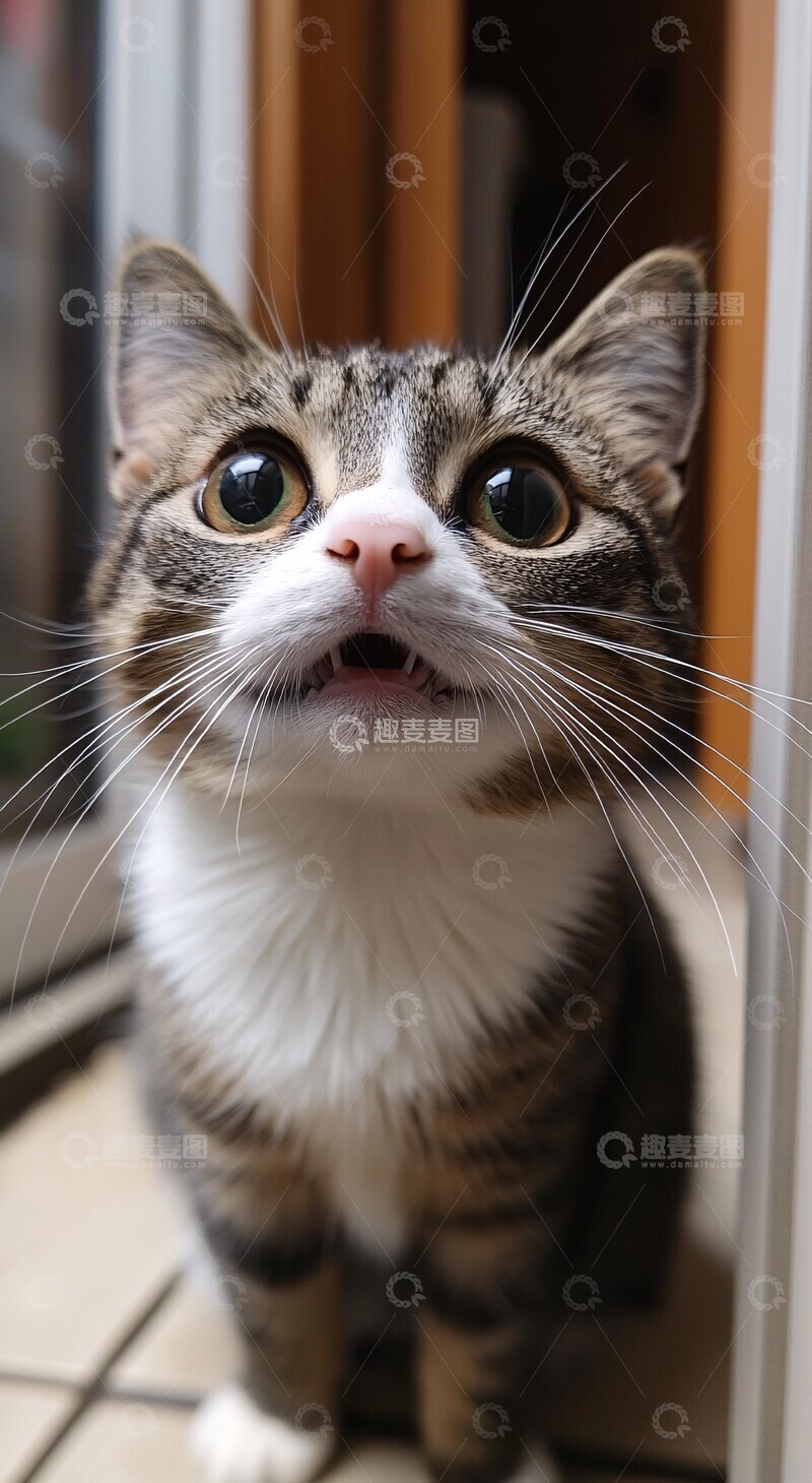 高清大图下载【趣麦麦图】黑白猫坐地看镜头2