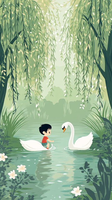 儿童与天鹅嬉戏1