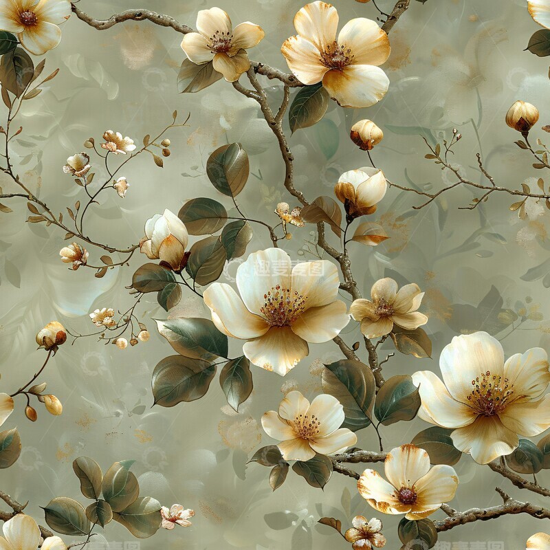 高清大图下载【趣麦麦图】金绿奶油花卉图案