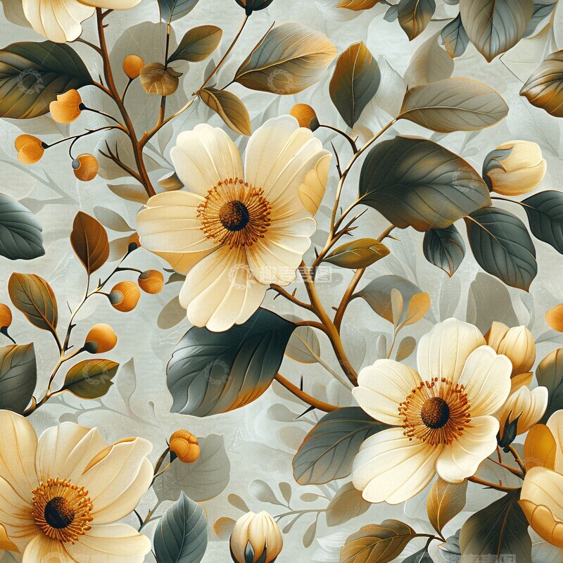 高清大图下载【趣麦麦图】金绿奶油花卉图案2