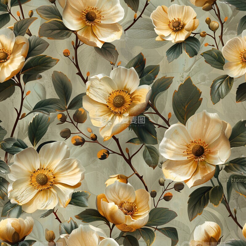 高清大图下载【趣麦麦图】金绿奶油花卉图案1