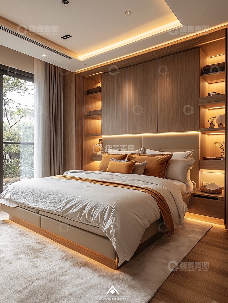 高清大图下载【趣麦麦图】大床白墙皮革床头1