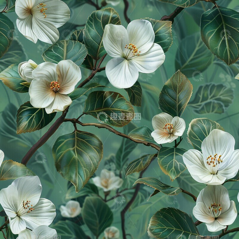 高清大图下载【趣麦麦图】白花绿叶渐变图案1