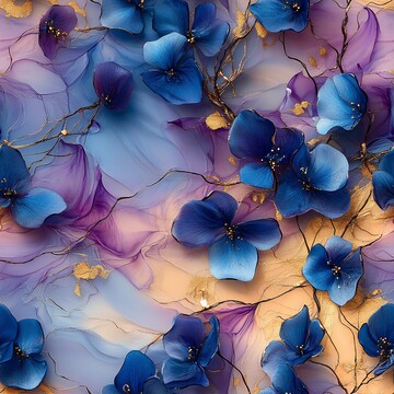 蓝紫花卉丝绸画3