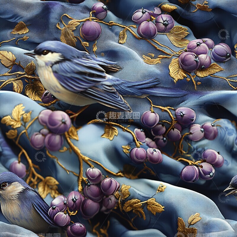 高清大图下载【趣麦麦图】蓝色紫色花鸟丝绸