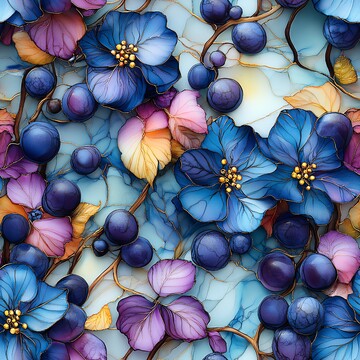 蓝紫花卉丝绸画2