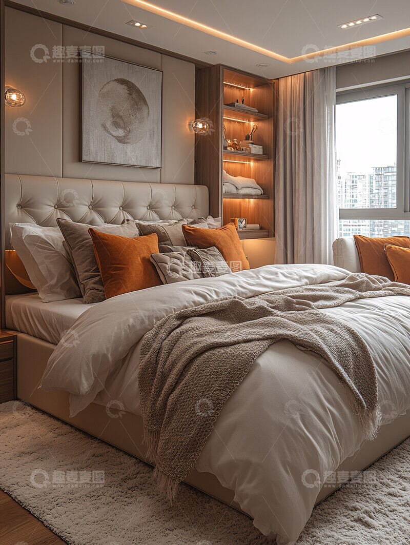 高清大图下载【趣麦麦图】-大床白墙皮革床头2