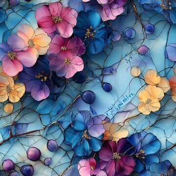 蓝紫花卉丝绸画1