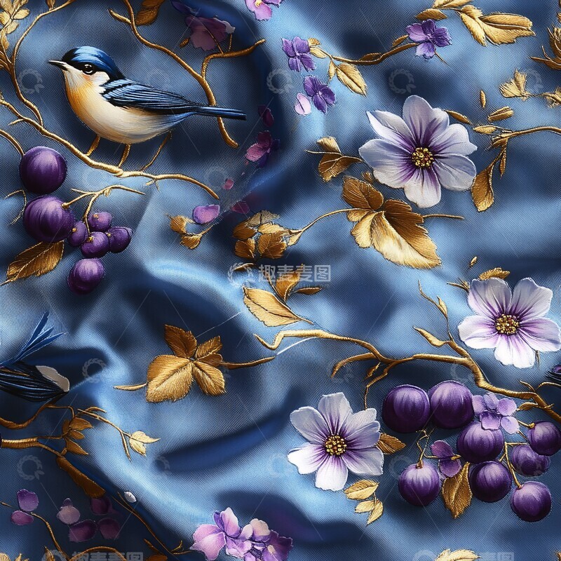 高清大图下载【趣麦麦图】蓝色紫色花鸟丝绸3
