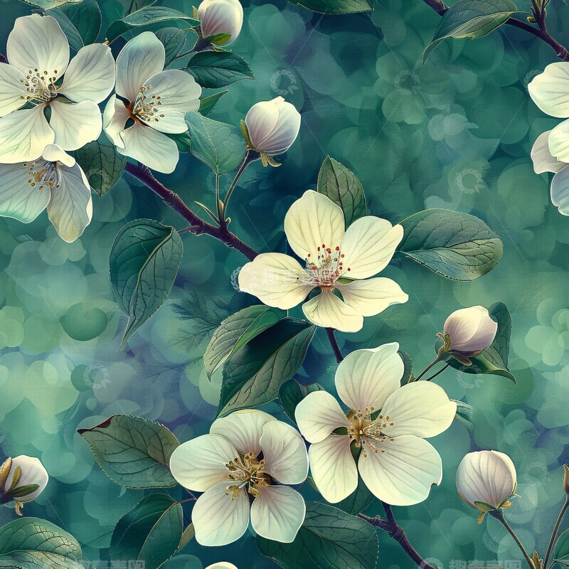 高清大图下载【趣麦麦图】白花绿叶渐变图案