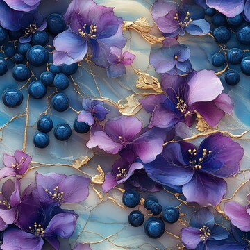 蓝紫花卉丝绸画