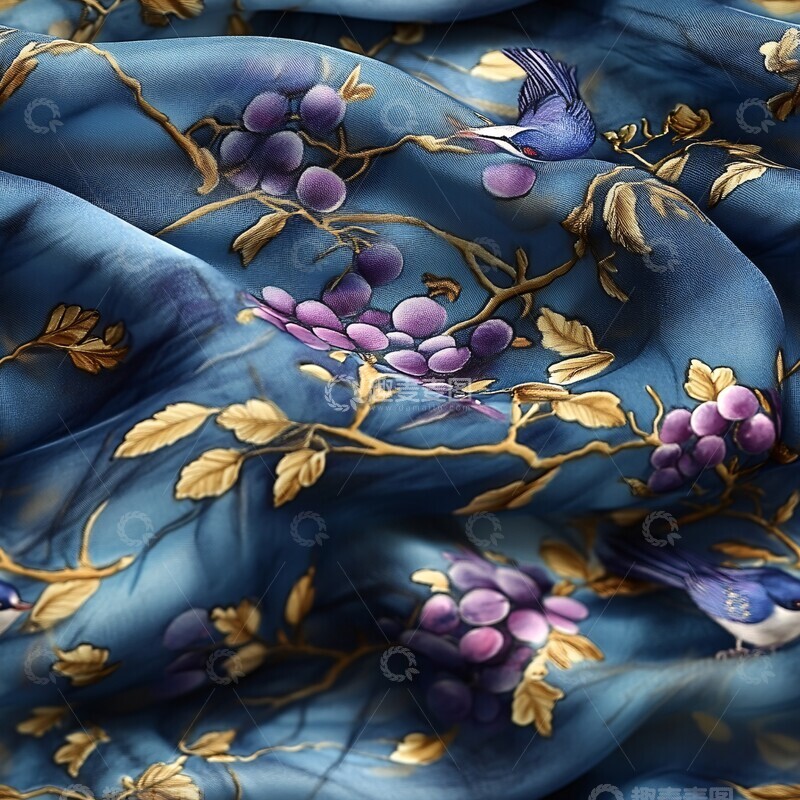 高清大图下载【趣麦麦图】蓝色紫色花鸟丝绸1