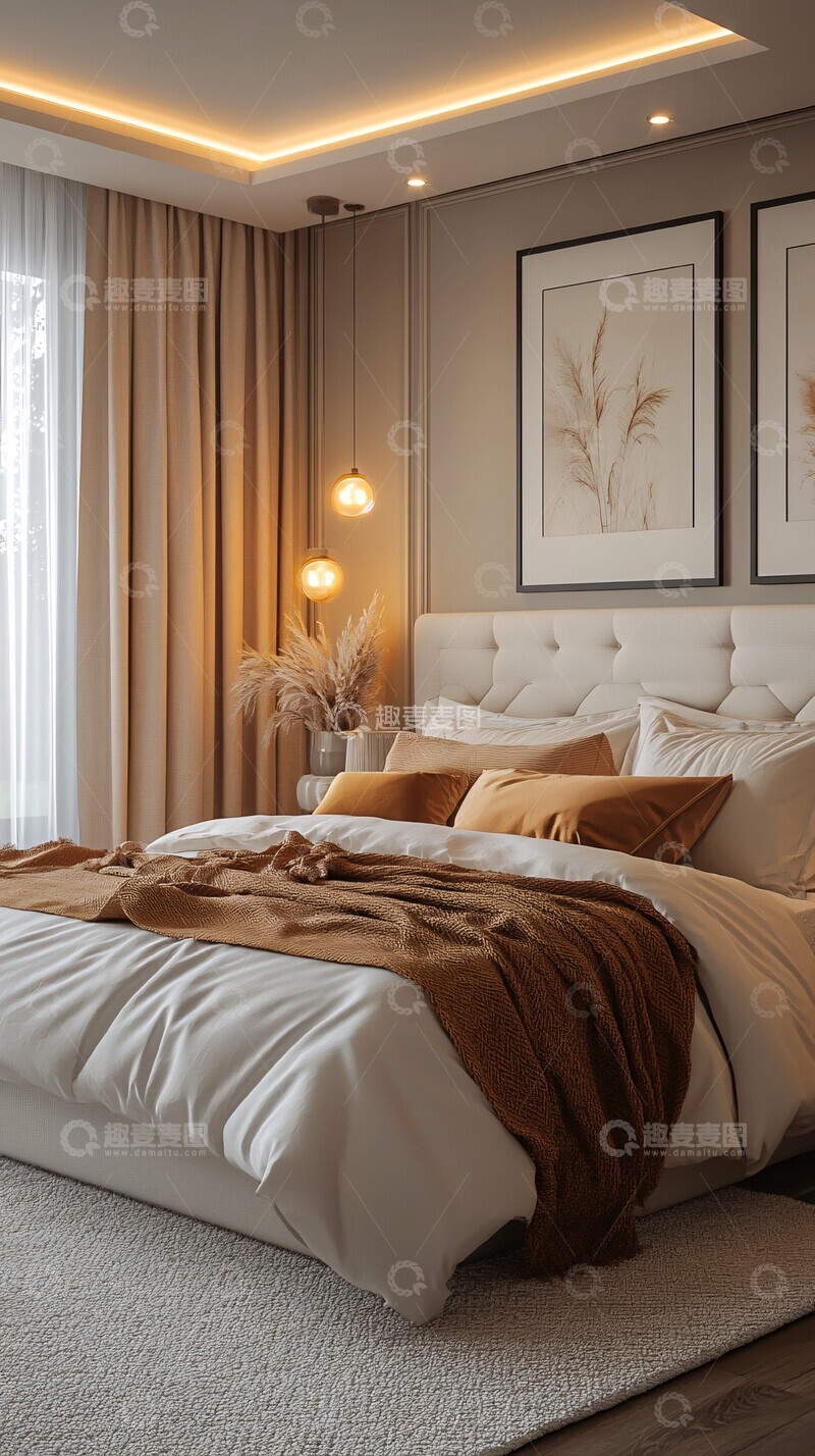 高清大图下载【趣麦麦图】双床头画白色床头卧室