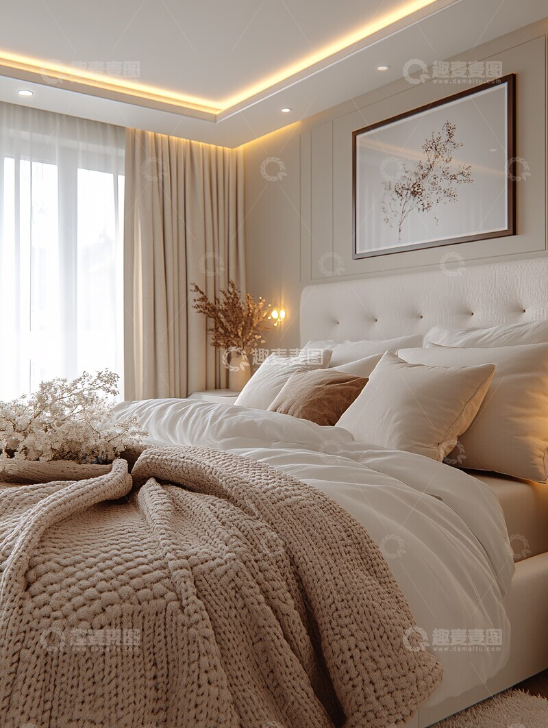 高清大图下载【趣麦麦图】白色墙面简约床1